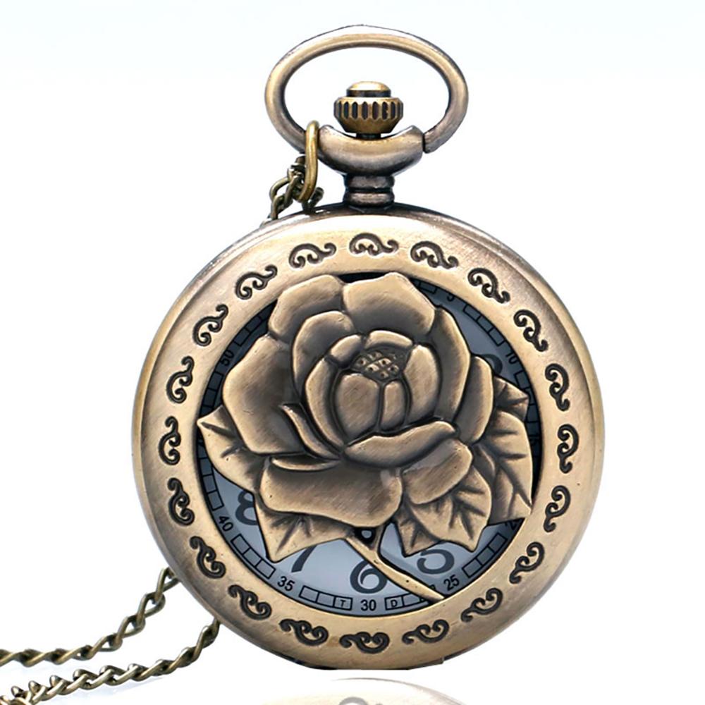 Reloj de bolsillo grabado Vintage de cuarzo rosa, exquisito collar hueco de flor completa, cadena, accesorio para mujer, reloj de bronce para mujer,: 1