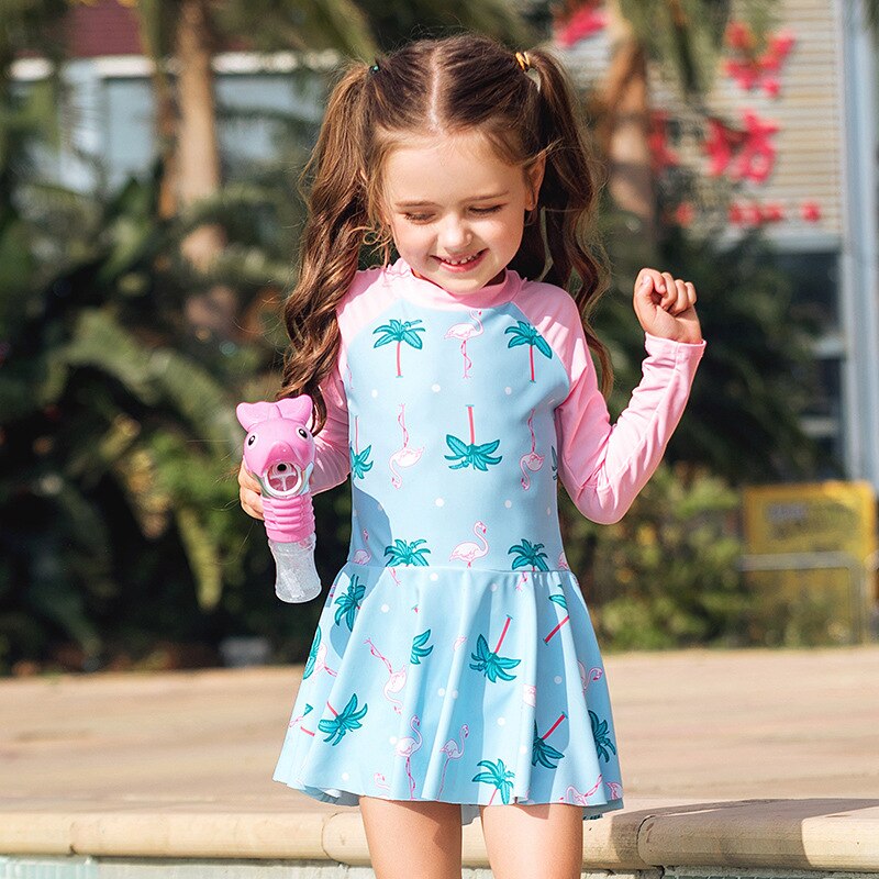 Bathing Clothes Girls Long Sleeve Children's Swimwear UV Protection Flamingo Print Beach Skirted Swim Dresses Girls' Swimsuit