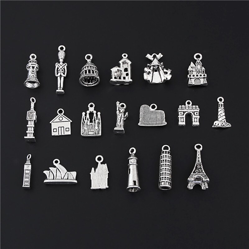 19Pcs Mix Zilver Kleur Lichtmetalen Soldaat Kasteel 3D Mini Tower Charms Building Hanger Sieraden Bevindingen Fit Accessoires M78