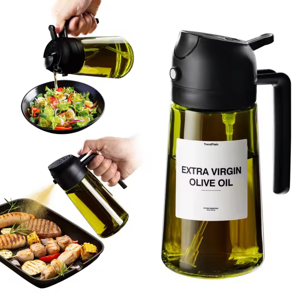 Pulverizador de aceite oscuro con bloqueo de luz de 16oz/470ML para cocinar, botella dispensadora de aceite de oliva 2 en 1 para cocina, botella de aceite de vidrio verde oscuro: Gris claro