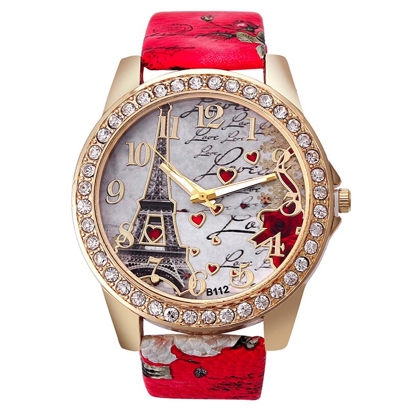 Vintage paris eiffel tower ure luksus læder kvinder quartz ure dame piger dame casual armbåndsure: 159848 røde
