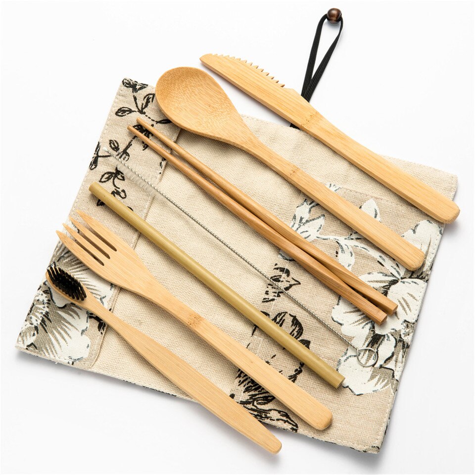 Draagbare Bestek Set Lepel/Vork/Mes/Eetstokjes Kit Stro Tandenborstel met Bestek Zak Picknick Outdoor bestek Set