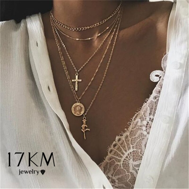 Vintage Multi Layer Lock Necklaces Chain For Women Gold Heart Key Pendants Necklace Party Jewelry: FCS117151