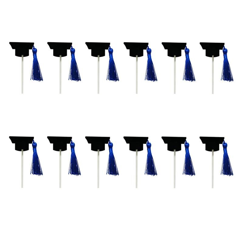 12pcs Graduation Hat Cake Topper Decoration Graduation Hat Cupcake Topper: Blue