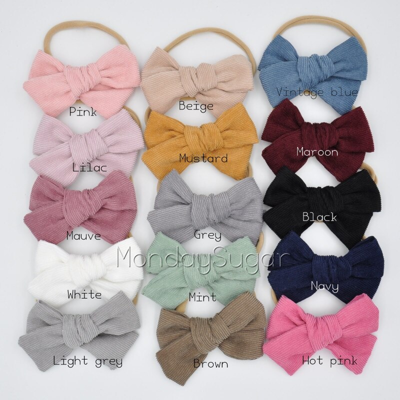 15 teile/los Handtied Corburoy Bogen Baby Nylon Stirnband Baby Haar Bogen Clips Kleinkind Haar Zubehör
