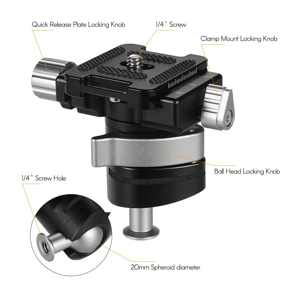 Mini tripé andoer para câmera dslr, cabeça de esfera de liga de alumínio, com clip de 360 graus, rotativo, panorâmico