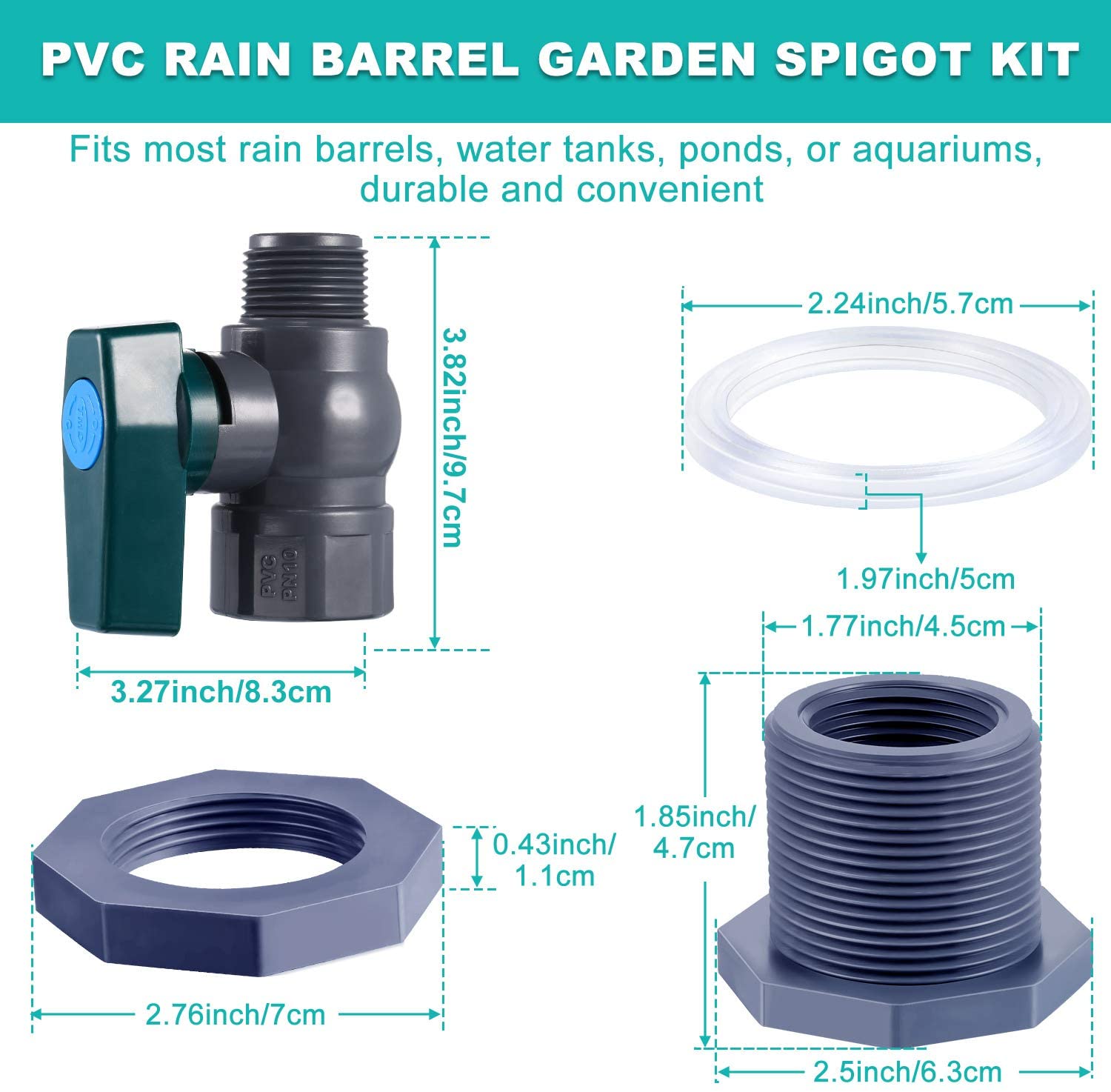 Kit de grifo de Barre de lluvia de espita de PVC Válvula de barril de lluvia con adaptador de ajuste de mampara para tanques de agua, acuarios, piscinas (gris, 1 pulgada)