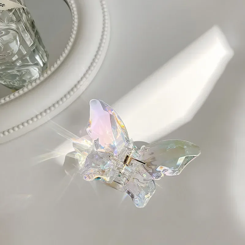 Pinza para el pelo de sirena y mariposa de cristal para niña, pinza para la cabeza trasera, pinzas para el pelo grandes transparentes, horquillas, tocado, accesorios para el cabello: Plata