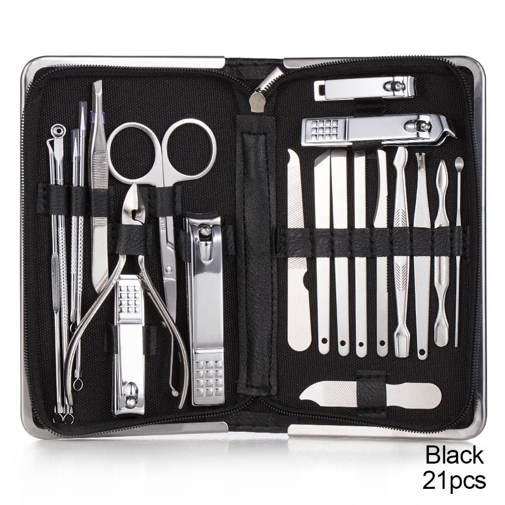 Nail Clippers Set Stainless Full Function Pedicure Tools Kit With Nail Scissors File Acne Needle Tweezers Earpick Manicure Tool: 21 pcs black