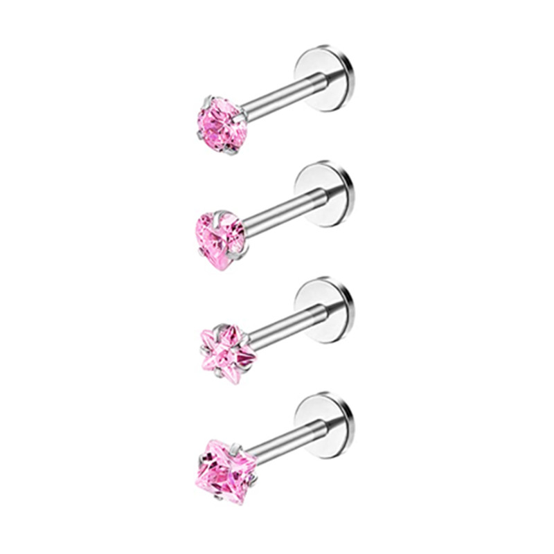 4PCS Heart Crystal Tragus Piercing Earring Set Flat Labret Piercing Set Lip Ring Lot Conch Cartilage Stud Helix Lobe Earring Set: WHITE / Gold-color