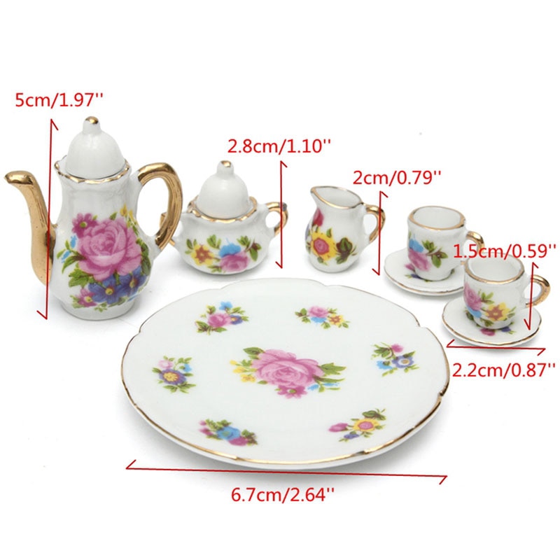 8 pcs Dollhouse Miniatuur Restaurants Goederen Porselein Thee Set Plaat Cup Plaat Bloem Print Poppenhuis Accessoires Speelgoed