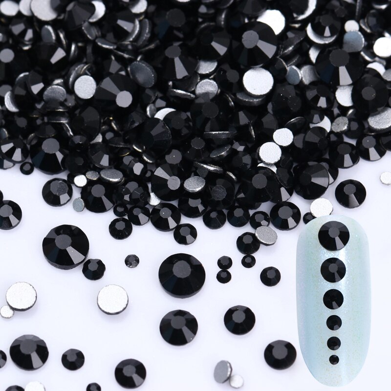 1440 Stuks Black Nail Kristallen Steentjes Multi-Size Vlakke Bodem Glazen Gems Accessoires Diy Manicure Nail Art 3D Decoratie