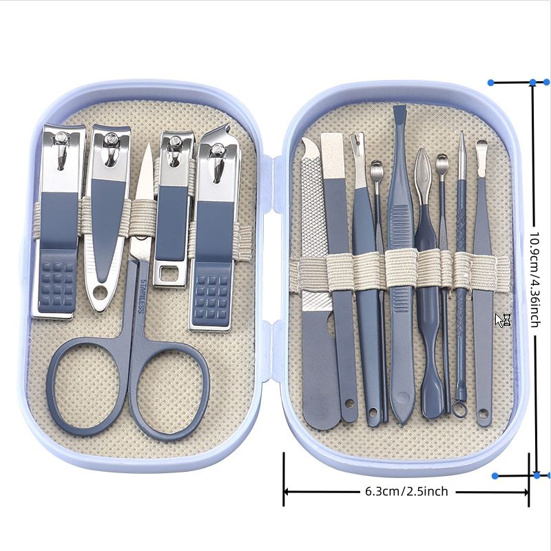 Juego de manicura y pedicura de lujo, tijeras de uñas de acero inoxidable rosa y azul, cortauñas, cuchara para excavación de orejas para hombres y mujeres, 14 piezas