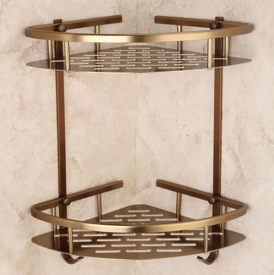 Antique Bronze Two Layer Corner Basket Shelf Silver Brushed Space aluminum Bathroom Accessories Products: Brown