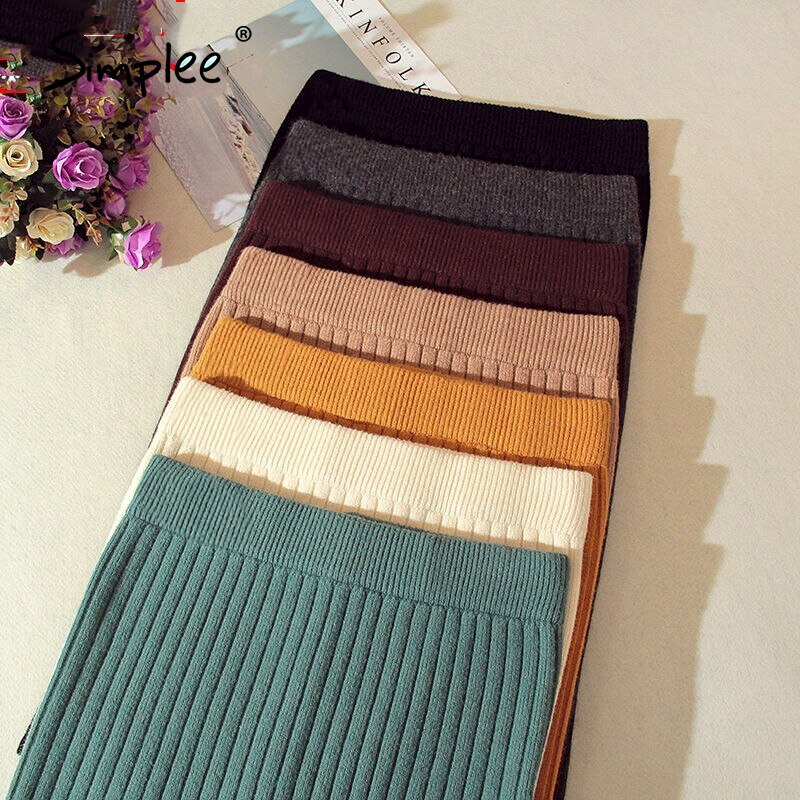 Simplee elastisk bånd dame skjørt høst vinter varm strikket rett skjørt ribbet fast kort mini damer festklær skjørt