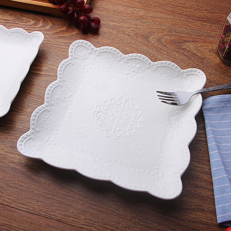 Pure White Ceramic Tableware Steak Plate Western Dish Embossed Dessert Flat Plate Disc Pasta Dish Fish Plate Fruit Tray