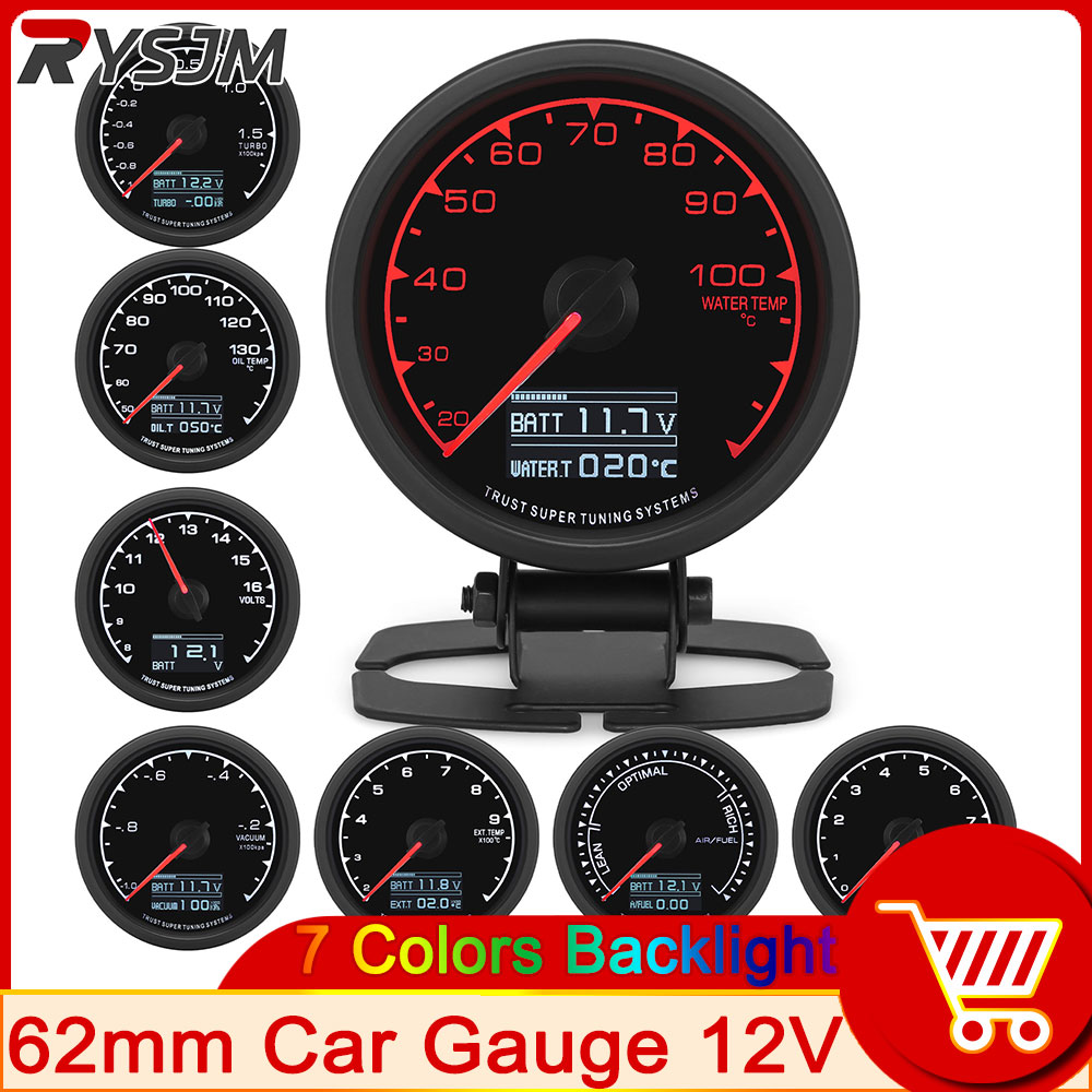 62mm Water Temperature Guage 7 Color LCD Digital Display Car Oil Press Oil Temp Meter Voltmeter Boost Gauge Tachometer AFR EXT