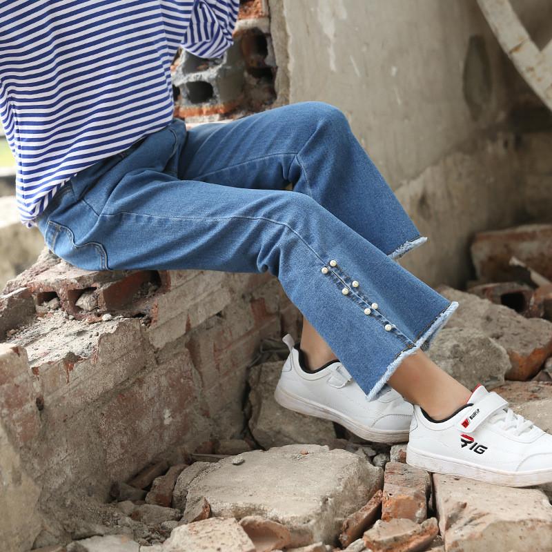 Barn jente pearls dongeribukse tenåring jente elastisk flared jeans bukse barneklær fritidsklær legging  q859