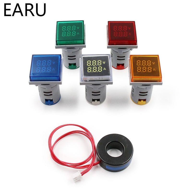 Mini digital voltmeter amperemeter 22mm ac 20-380v 0-100a amp volt spændingstester meter dobbelt led indikator pilot lampe lys display