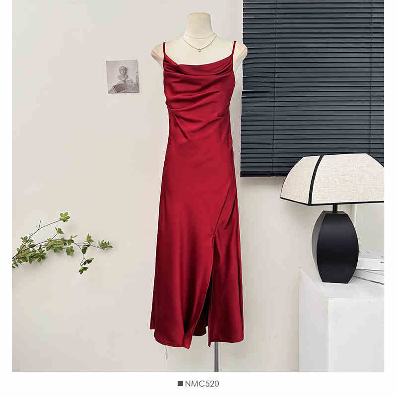 Kvinders stropkjole sommer pink satin split lone kjoler luksuriøse sexede festkjoler højtaljede slanke kjoler: S / Himmelblå