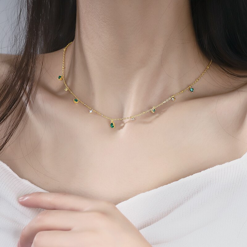 925 Sterling Silver Choker Necklace for Women Exquisite Green Zircon Clavicle Chain Necklace S-N742