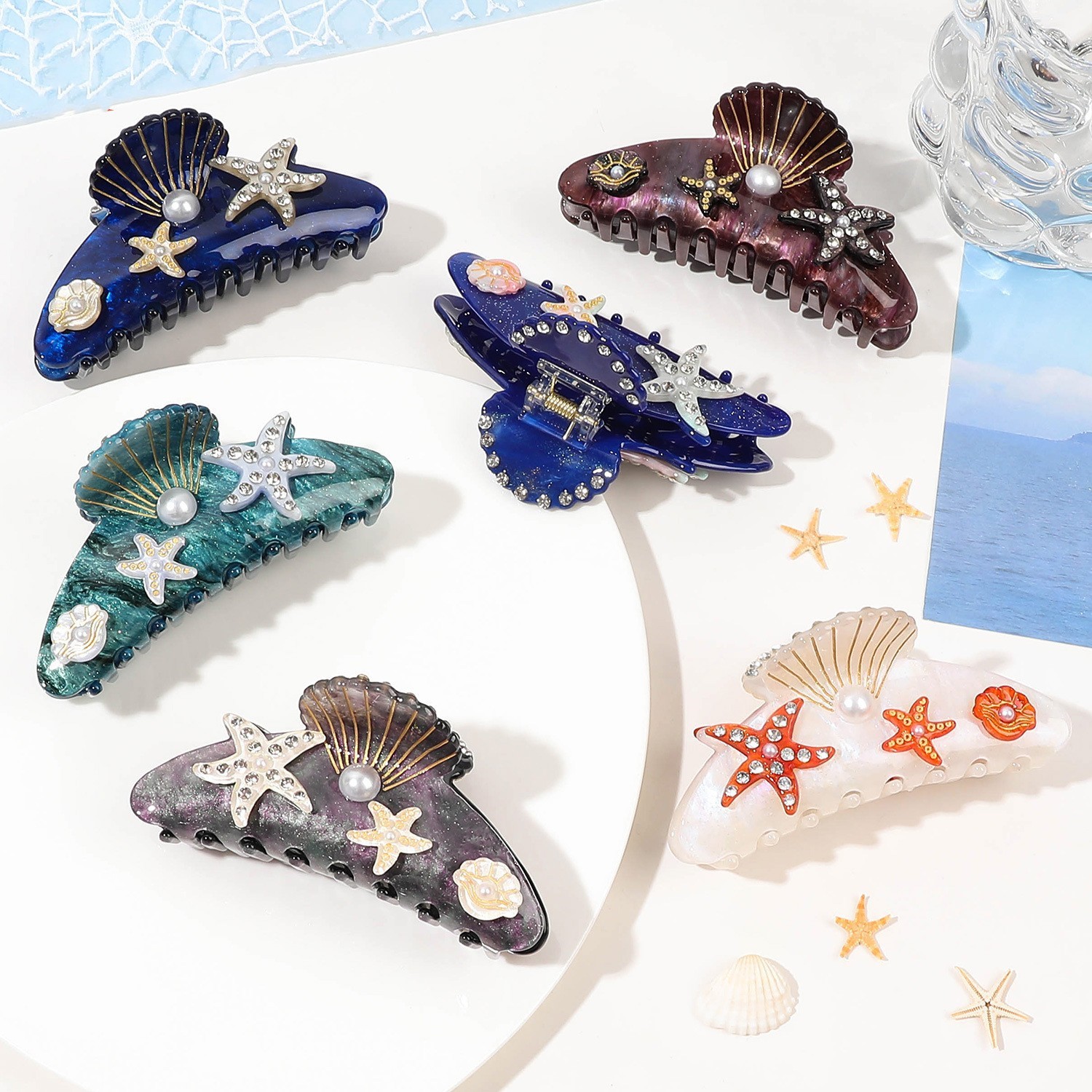 YHJ-garra para el pelo de estrella de mar para mujer, pinza para el pelo de acetato con diamantes de imitación, joyería de vacaciones, pinzas para el pelo, accesorios para el cabello
