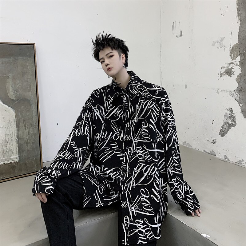 Streetwear Camisa negra de manga larga con estampado de letras Punk gótico para de noche Camisa de talla grande blusas largas Camisa masculina