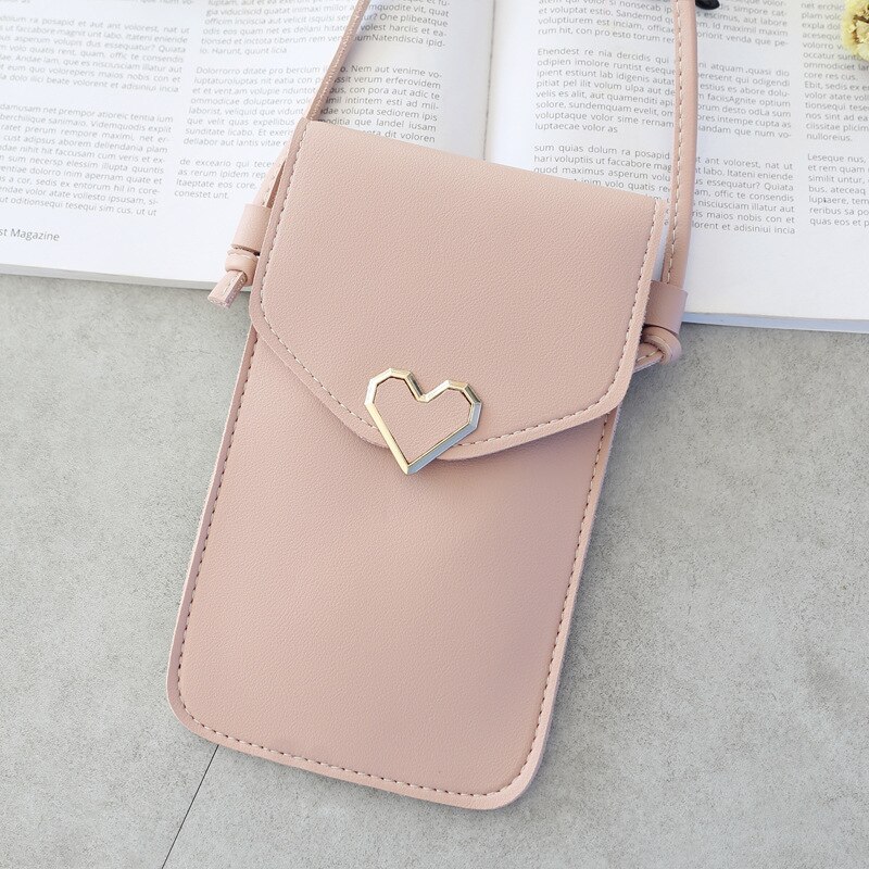 Sac à bandoulière de téléphone à écran tactile pour femmes, Mini sac à bandoulière pour étudiants, petit sac à pression décorations cœur d'amour, sac Transparent,: pink