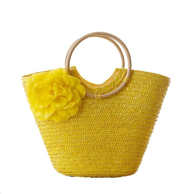 Reine Hand-woven Tasche Mit Blume Rattan Gewebt Griff Lagerung Paket Taschen Natürliche Armbänder Taschen Für Frauen: Gelb