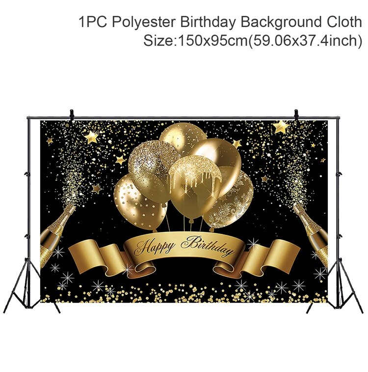 Gelukkige Verjaardag Achtergrond Banner Grote Zwarte Gouden Ballon Ster Poster Booth Achtergrond Verjaardag Foto Achtergrond Muur Party Decor