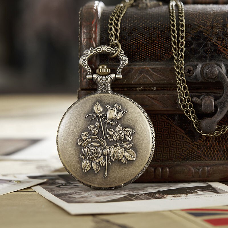 Ancient Pocket Watch Fob Chain Flower Rose Engrave Clock Mens Flip Bronze Case Watch Vintage Male Watches for Men Women: rose 2