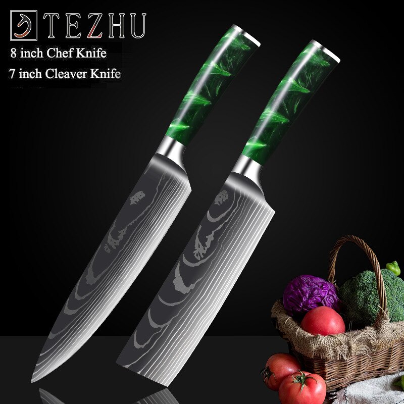 Professionele Keuken Messen Set Japanse High Carbon Staal Chef Messen Imitatie Damascus Patroon Slicer Santokumes Set: 2pcs B
