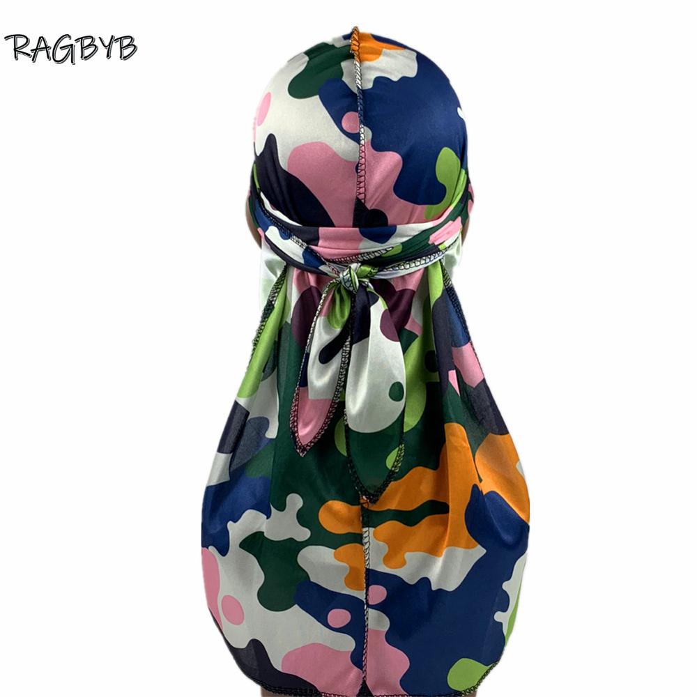 Nuevas pañuelos Durag de seda con estampado de camuflaje para hombres, Durags sedosos, gorro ondulado de cola larga, pañuelo para la cabeza, sombrero para mujer, diadema Durag