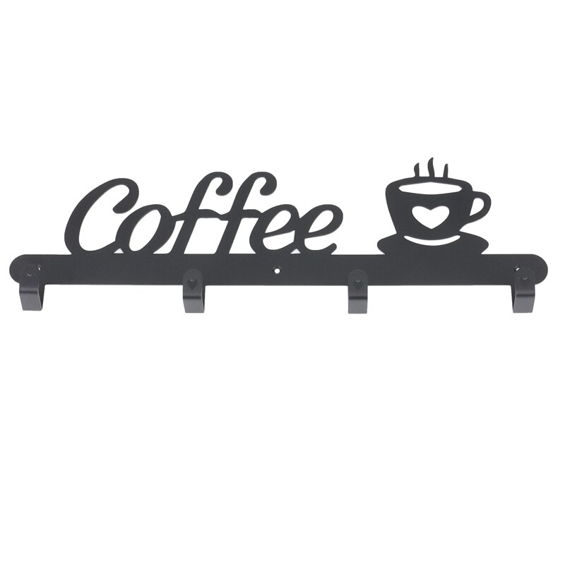 Metal Coffee Mug Holder, Wall Mounted Coffee Cup Rack With Coffee Sign, 4 Hooks Art Metal Cup Hanging Decor