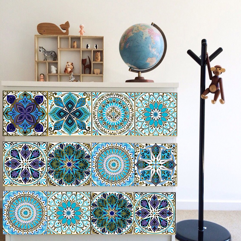 Dreamlike Blue Mandala Style Strips Tiles Wall Sticker Transfers Covers for Kitchen Bathroom Waterproof Peel & Stick Art Mural