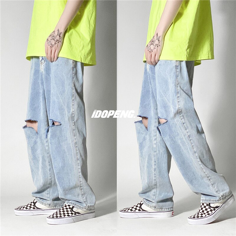 Spring Summer Wide-leg Jeans Men's Casual Ripped Jeans Men Streetwear Loose Hip-hop Hole Straight Denim Trousers Mens