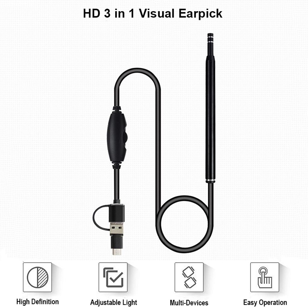 3 in 1 korvavahanpoistotyökalut usb-korvapuhdistusendoskooppi visuaalinen korvakoru hd-kamera 6 led-valolla otoskooppi androidille