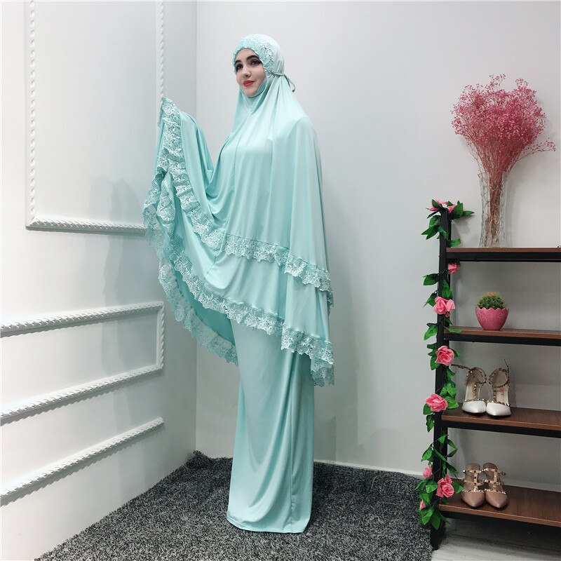 Muslimska ramadan böne plagg uppsättningar dyrka mantel kvinnor klänning turkiskt bröllop eid maxi dubai marockanska kaftan islamiska ropa 2 pecs: Ljusblå