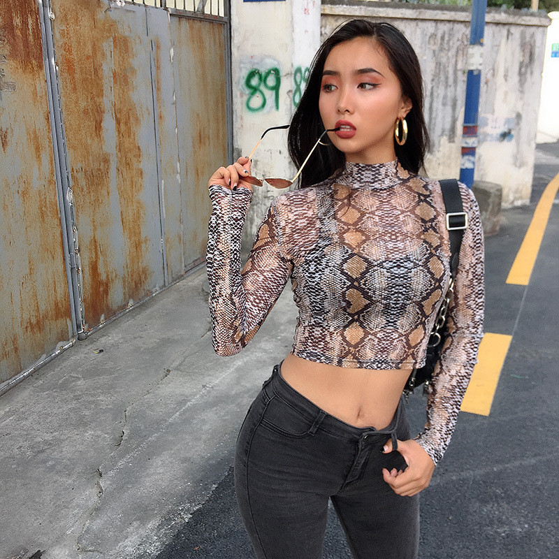 Pull transparent à mailles avec manches longues et col haut pour femme, t-shirt vert décontracté à motif de serpent imprimé
