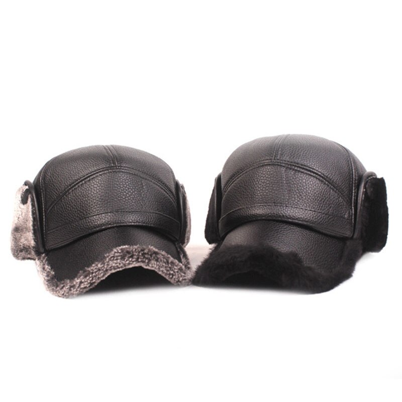 Winter Warm Mens Leather Cap Warm Baseball Cap with Ear Flaps Thick Fur Caps for Winter Bomber Hats PU Leather Man Hat