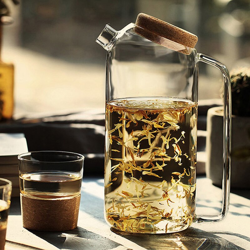 Ymeei glas kork vattenkokare trätäcke blomma tekanna värmebeständig juice kall vattenkokare med korklock kaffekanna
