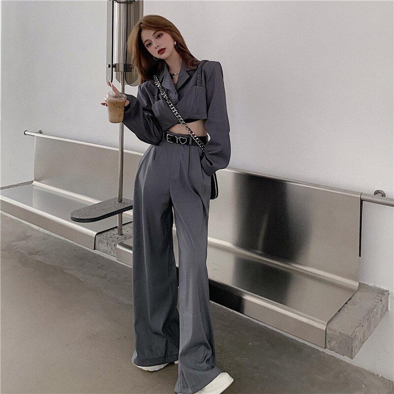 British style women suit two pieces set high waist wide leg pants pants and short suit coat casual female set