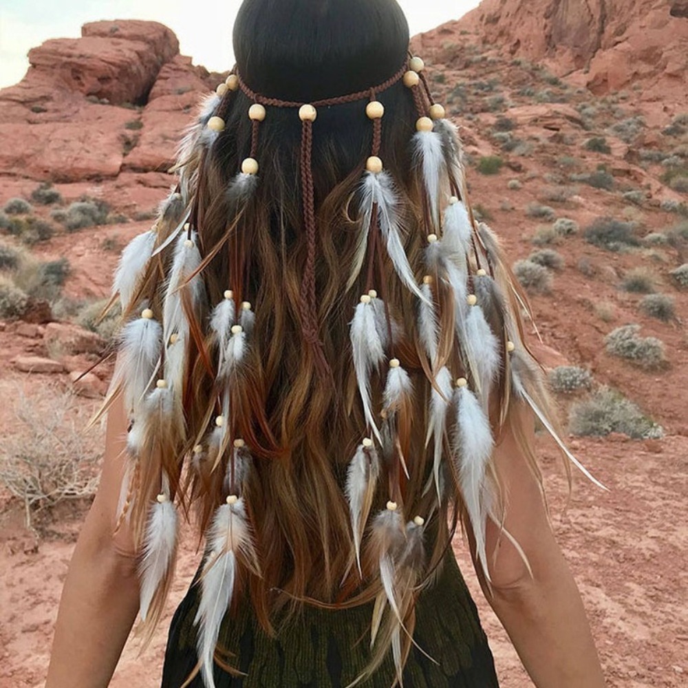 Tassel Feather Headband Adjustable Beaded Boho Style Headdress Ethnic Costume Rainbow Indian Headband Carnival: Yellow