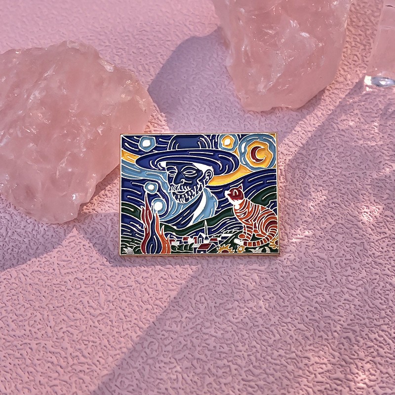 Pintura al óleo de cielo estrellado, girasol, chica, geométrico de metal, insignias, broche, alfileres de esmalte, etiqueta, bolsa, mochila, sombrero, de joyería