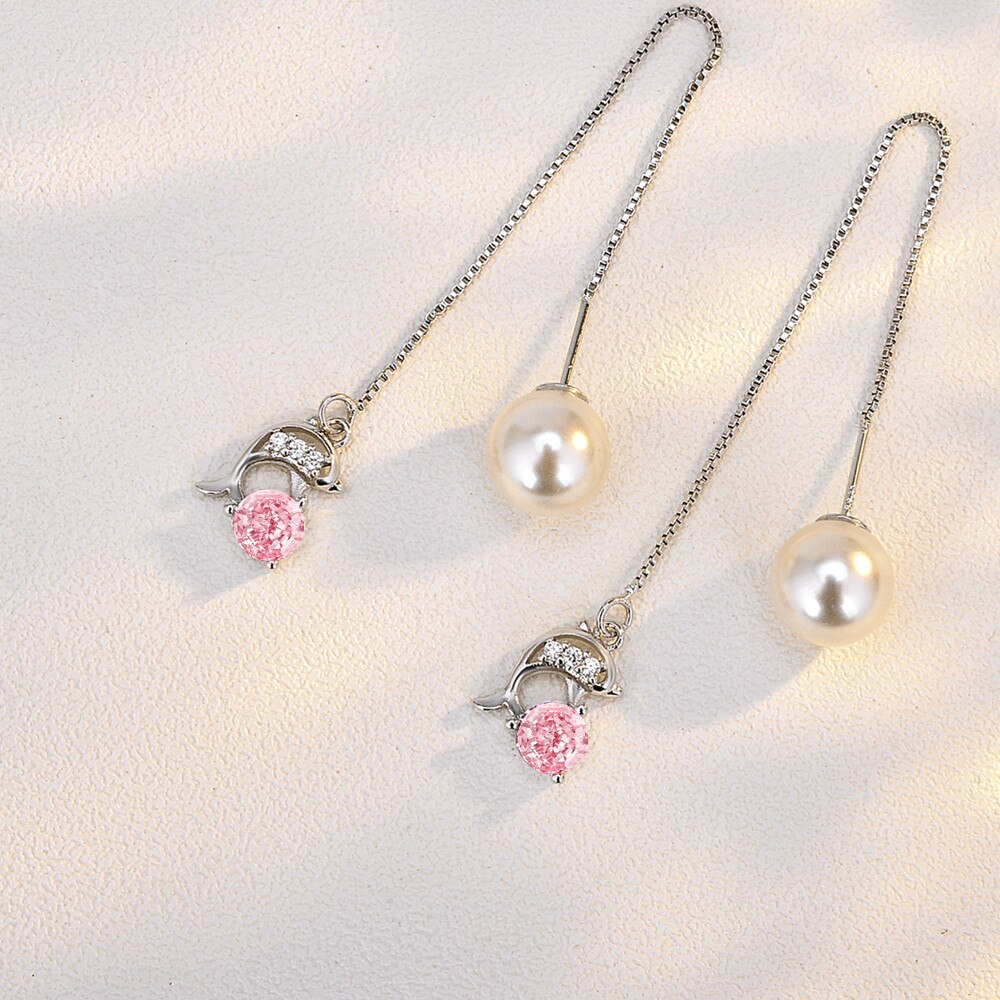 NEHZY 925 szterling srebro nowa kobieta moda biżuteria linia uszna niebieska różowa cyrkonia kryształowa perła delfin długie kutas kolczyki retro