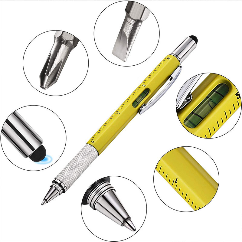 4 stuks multitool pen met extra vullingen, 6-in-1 multifunctionele metalen balpen met liniaal en niveaumeter, coole gadget voor mannen, cadeau voor echtgenoot Papa Vader (Rood