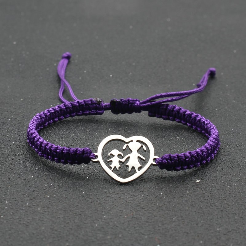 Ręcznie plecione liny bransoletka ze stali nierdzewnej w kształcie serca matka i córka uroku bransoletki dla kobiet biżuteria mankiet Pulsera: Purple