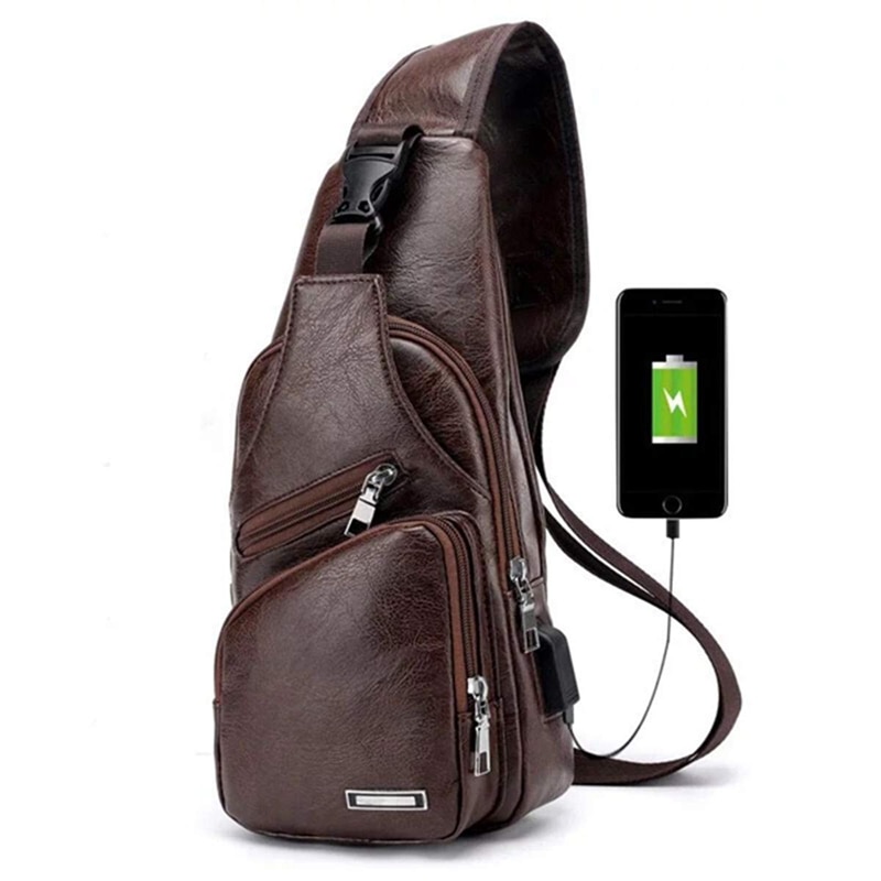 Bolso de pecho para hombre con puerto de carga USB bolso bandolera Retro de cuero Pu Vintage bolsa de negocios bolsa para deporte marrón oscuro