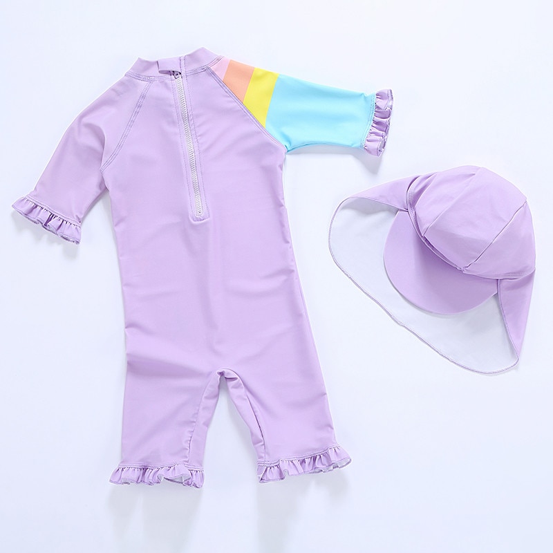 1~5Year Girls Swimsuit One Piece Girls Swimwear Purple Unicorn Children's Swimwear Surfing Suit Bathing Suit With Hat-SW347