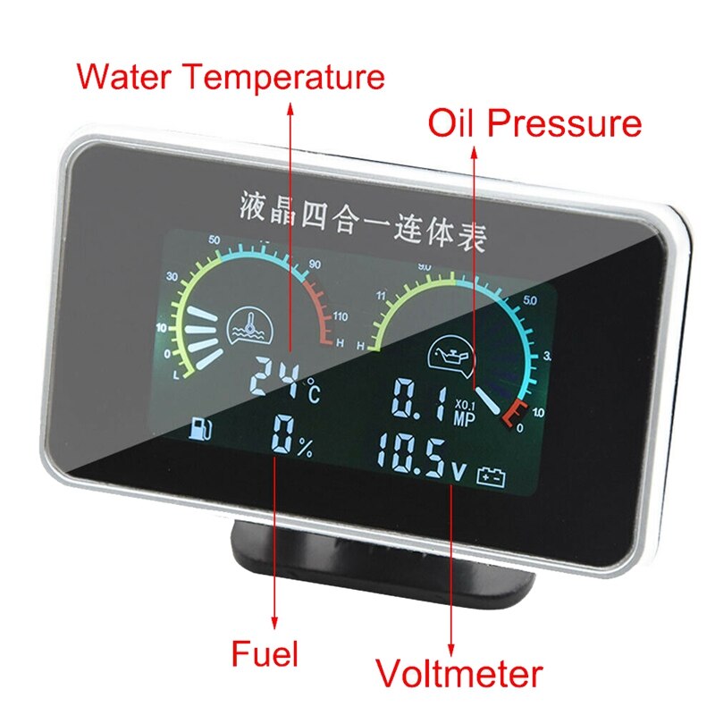 Voltímetro Digital multifunción para coche, medidor de presión de aceite y agua, LCD, 4 en 1